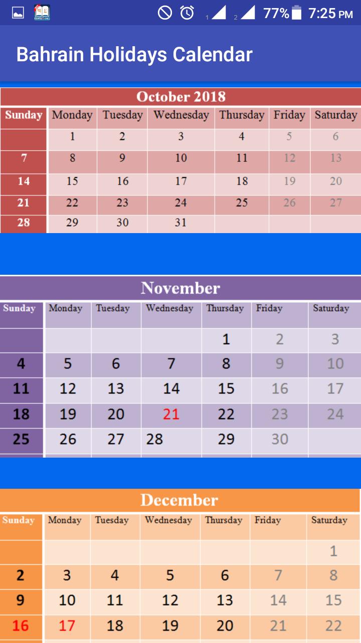 Bahrain Holidays Calendar
